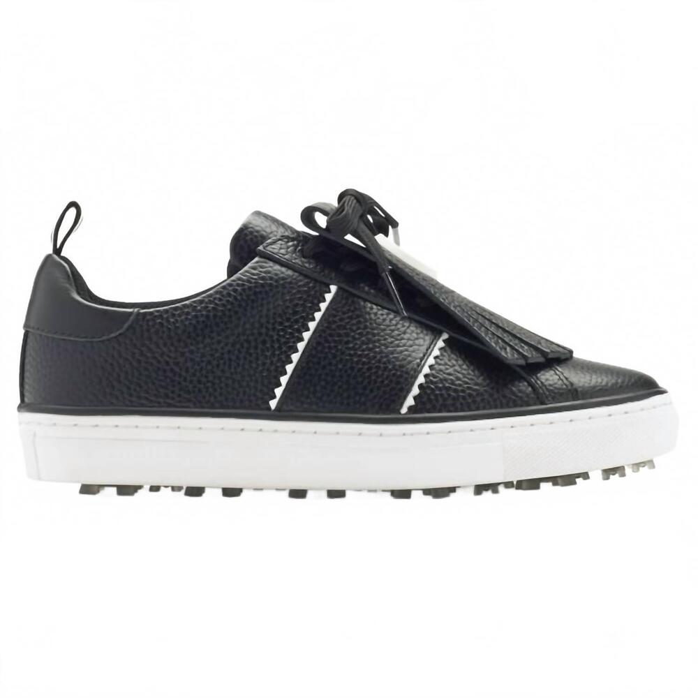G/FORE Black Leather Low-Top Sneaker with White Sole and Stripe Accents